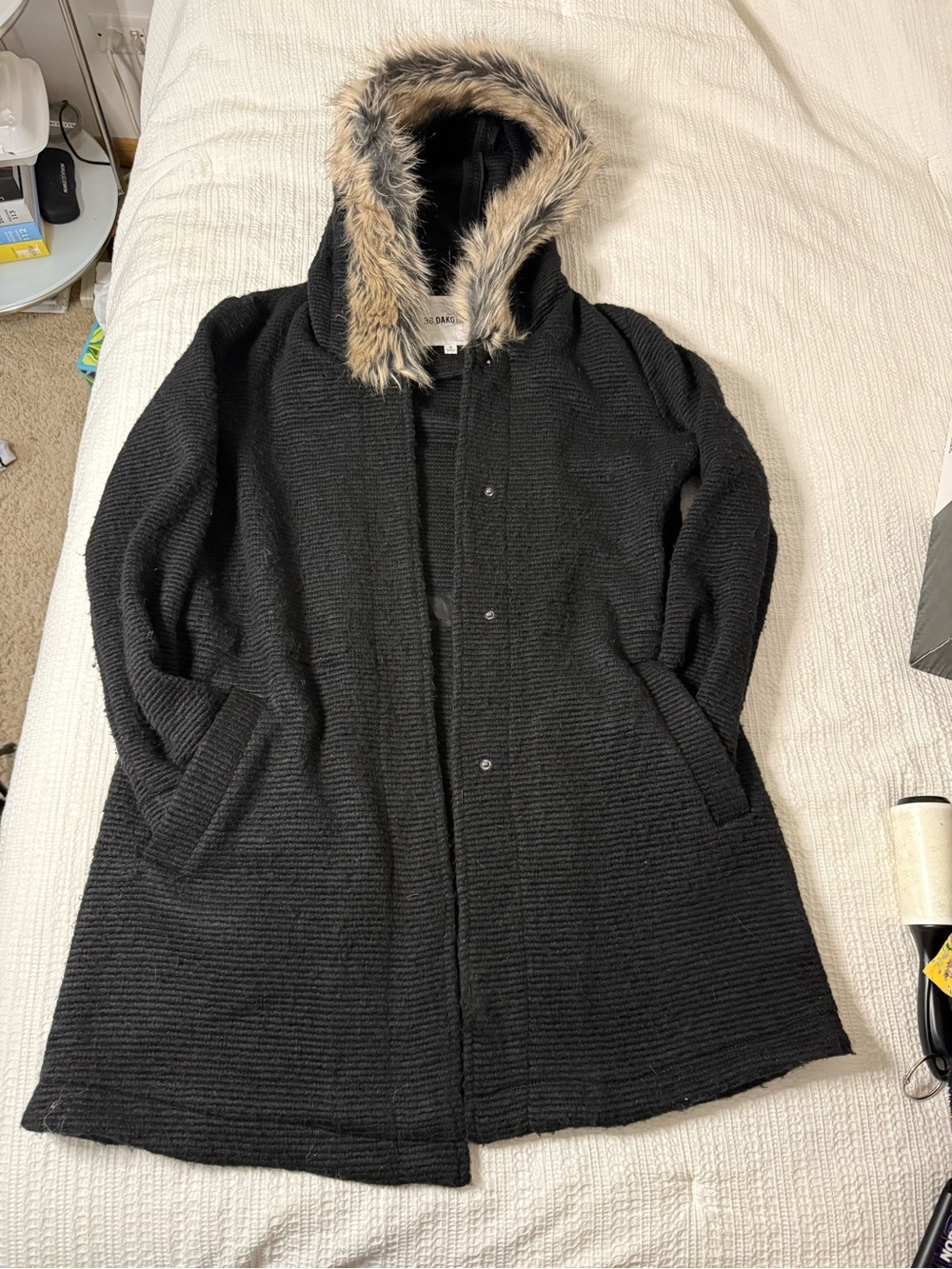 BB Dakota Black Hooded Trench Coat with Faux-Fur Trim